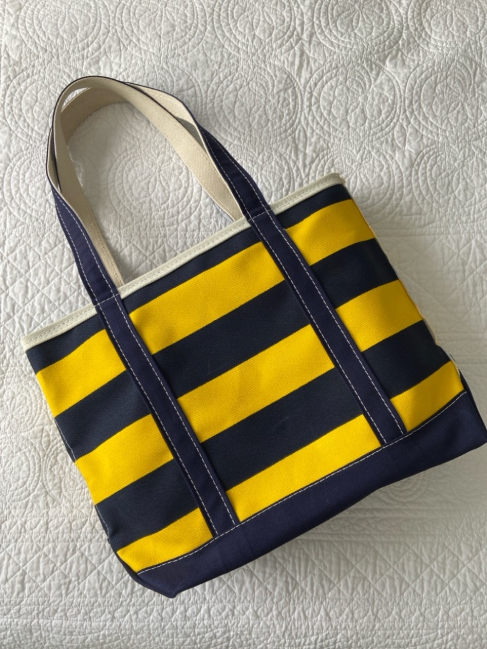 L.L. Bean 90s Yellow and Navy Striped Canvas Boat and Tote Bg - Picture 5 of 17